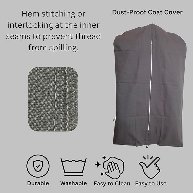 Premium 100% Cotton Garment Bags – 35" Gray Canvas Suit Cover with YKK Zipper – Breathable, Dust-Proof Storage for Suits, Coats, Dresses, Jackets & Travel/Closet Use