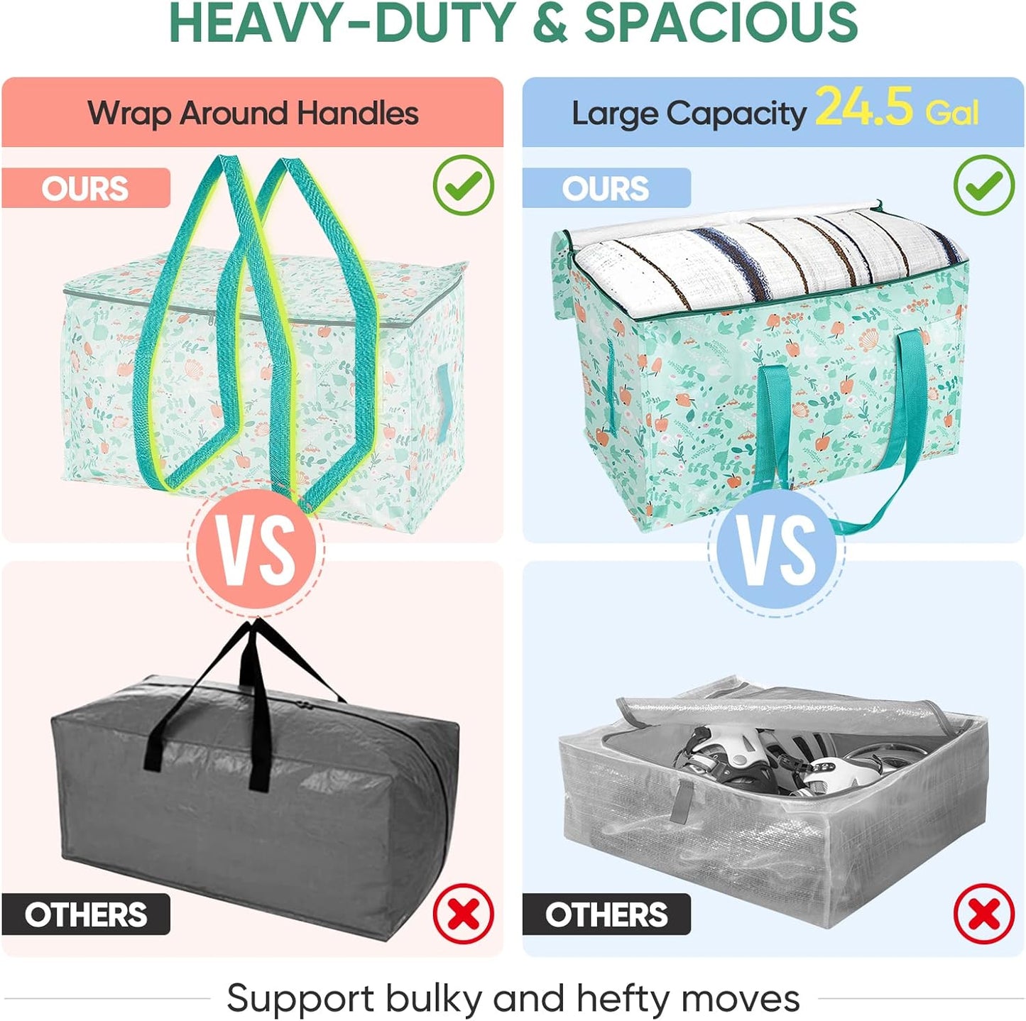 BALEINE 6-Pack Oversized Moving Bags with Reinforced Handles, Heavy-Duty Storage Tote for Clothes, Moving Supplies (Spring Stroll, 6-Pack)