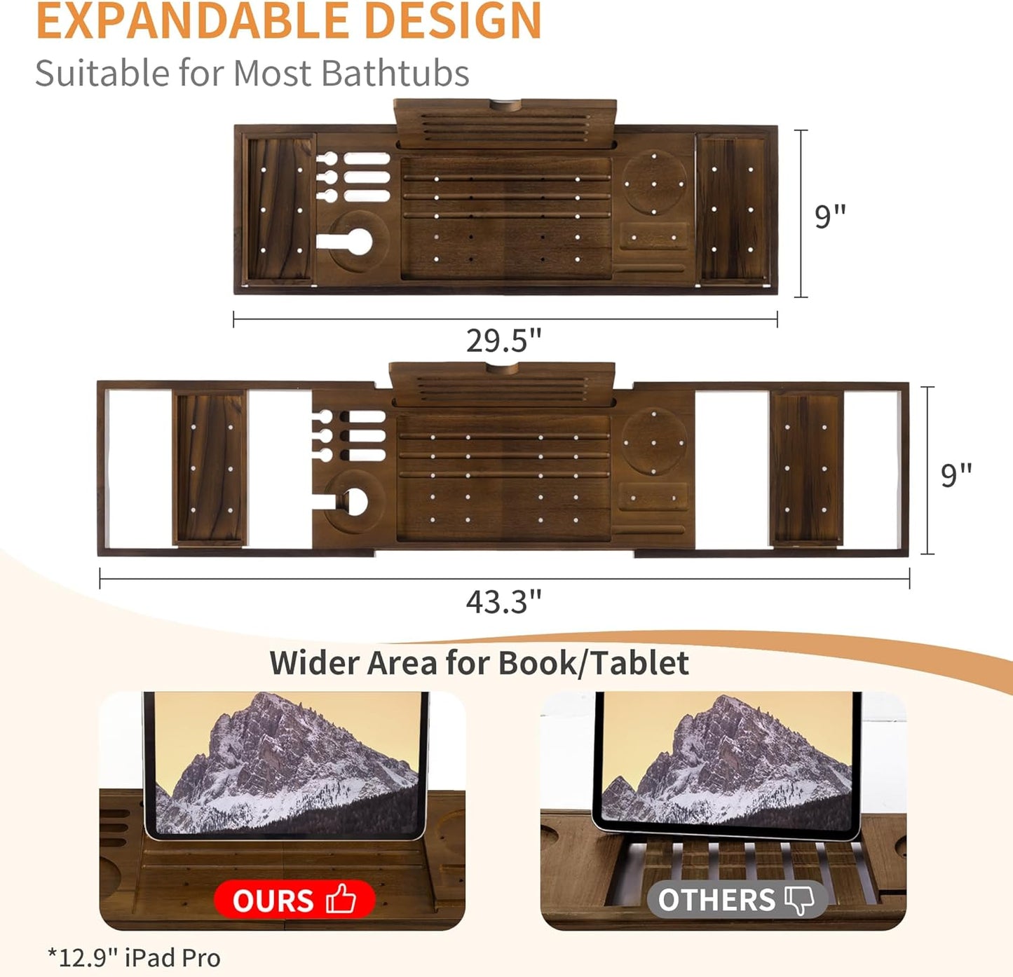 Wood Bathtub Tray Table - Foldable Bath Tray for Tub with Expandable Handles, Wine Glass & Phone Holder, Book Stand - Enhance Home Spa Experience with Natural TeakMaterial, Walnut