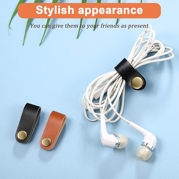 52 Pieces PU Leather Cable Straps, Earbud Cord Organizer, PU Leather Handmade Portable USB Cord Holder, Earphone Cable Tie Cable Management, for Travel, Home, School, Office (Black, Brown)