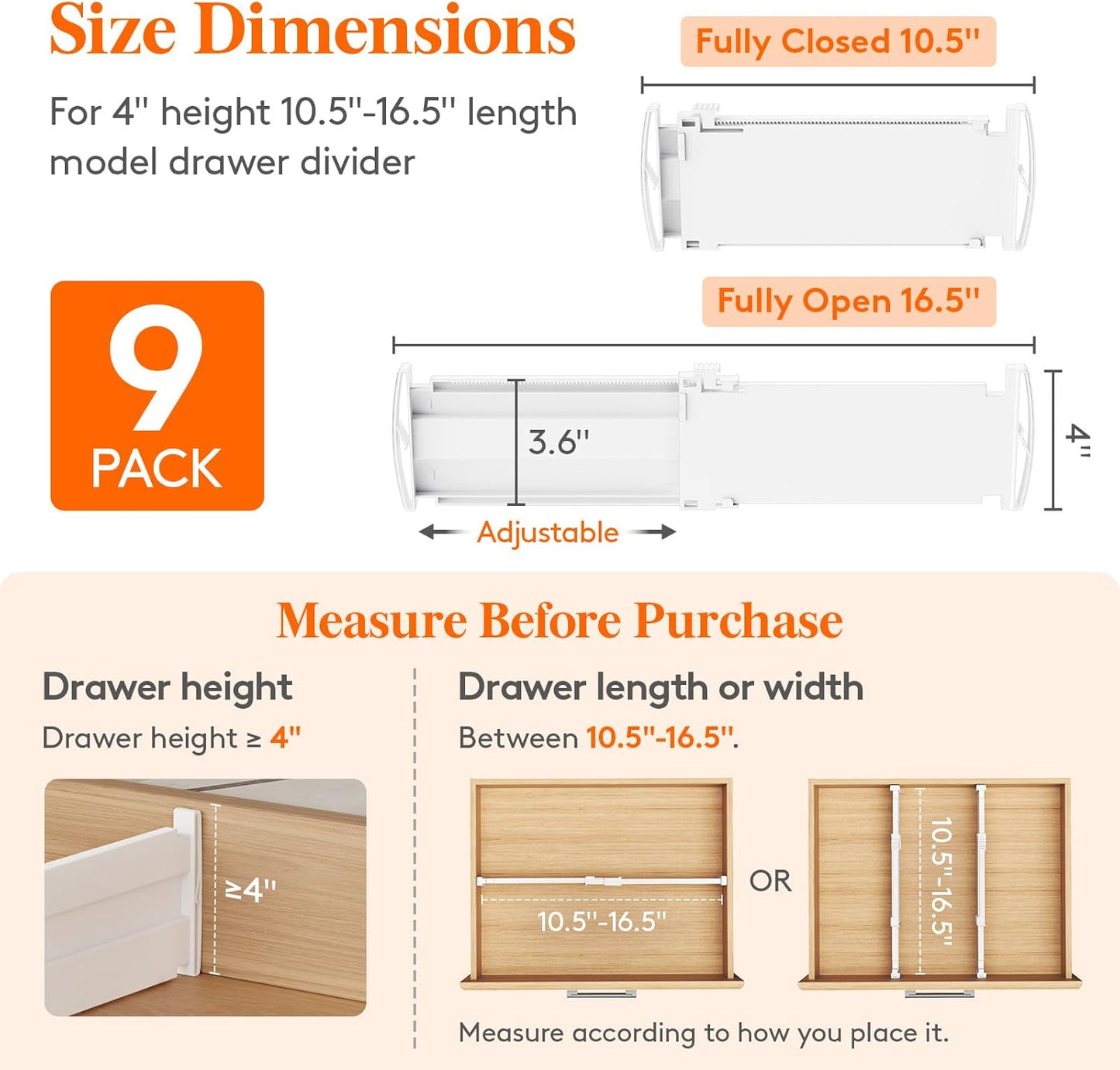 Lifewit 9 Pack Drawer Dividers 4" High, 10.5-16.5" Dresser Drawer Divider, Adjustable Drawer Organizers for Clothes, Plastic Drawers Separators for Dresser, Bedroom, Bathroom, Kitchen, Office