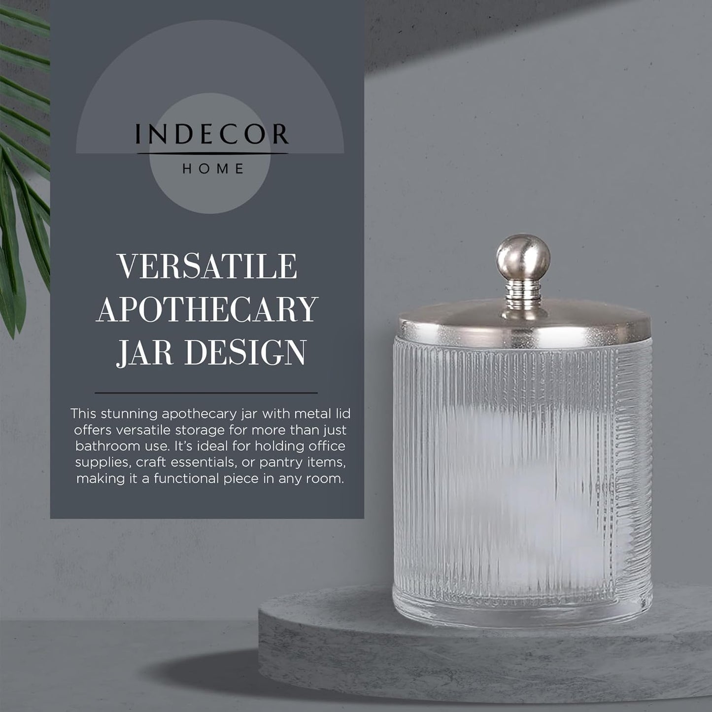 Clear Transparent Apothecary Ribbed Geometric Etched Glass Jar W/Satin Nickel Metal Lid for Bathroom Organization, Cotton Balls, Q Tips, and Small Accessories, Bathroom Storage