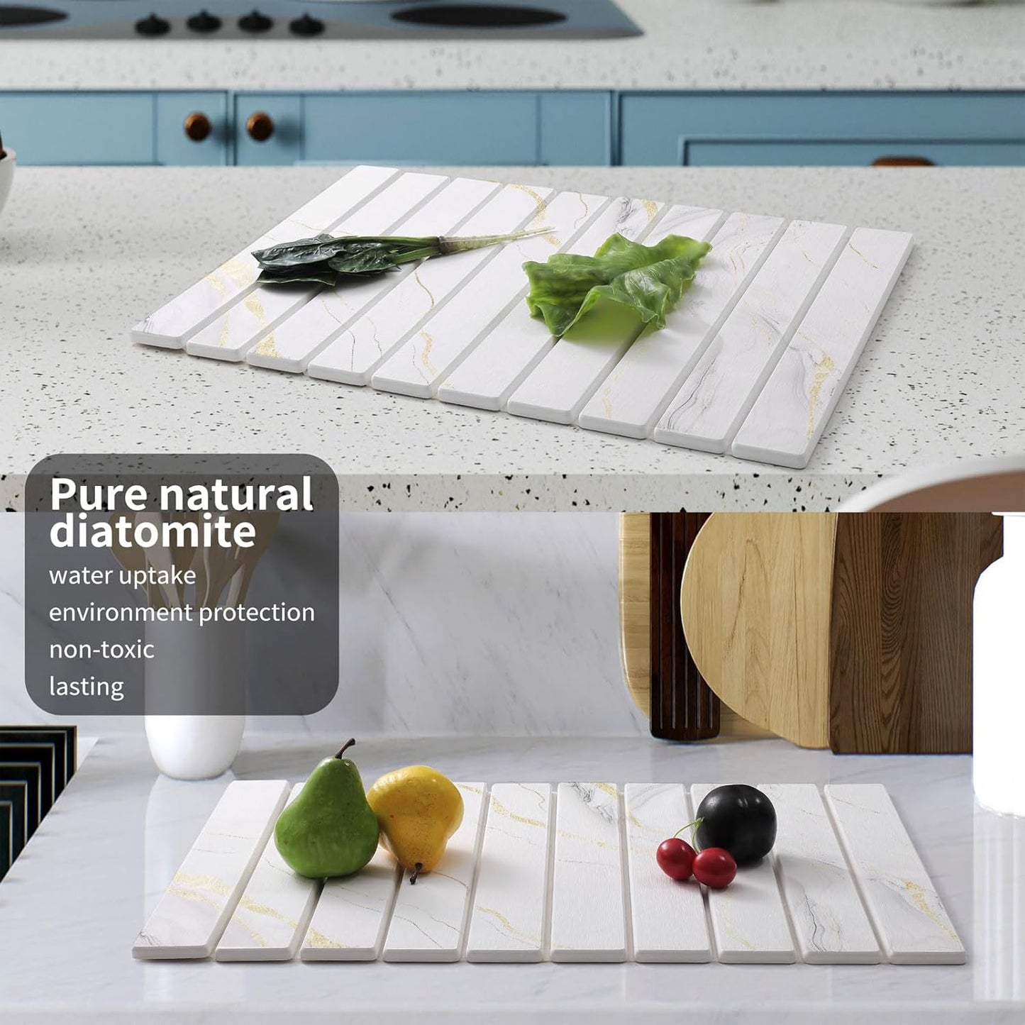 2 PCS Large Stone Dish Drying Mat for Kitchen Counter, , Marbled Water Absorbing Diatomaceous Earth Drying Pad for Countertop Bottles Utensils Cups 24"x16"& 8"x4"