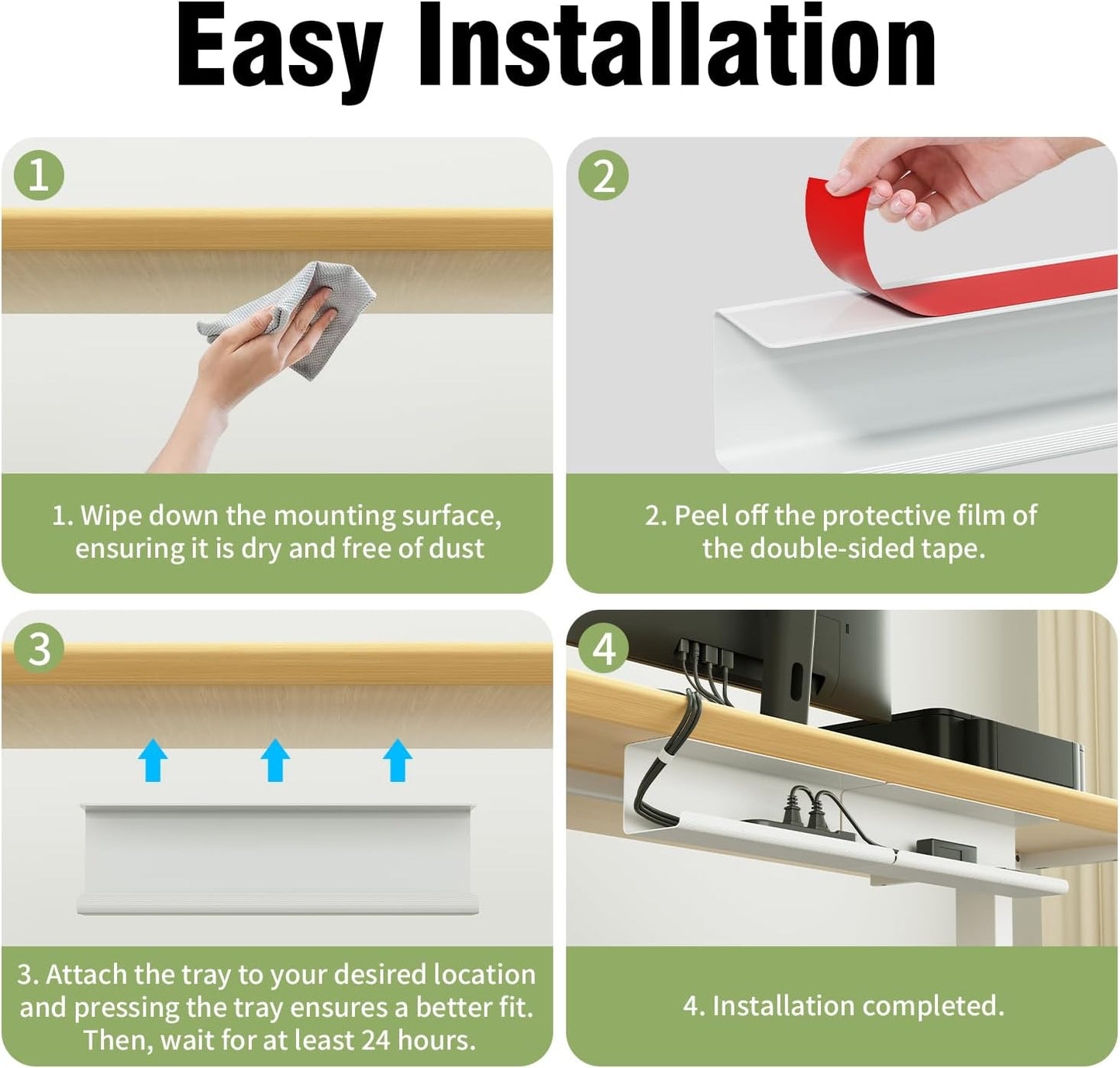 2 Pack No-Screw Cable Management Under Desk, Self-Adhesive Cord Organizer, Wire Management Tray for Office and Home (White)
