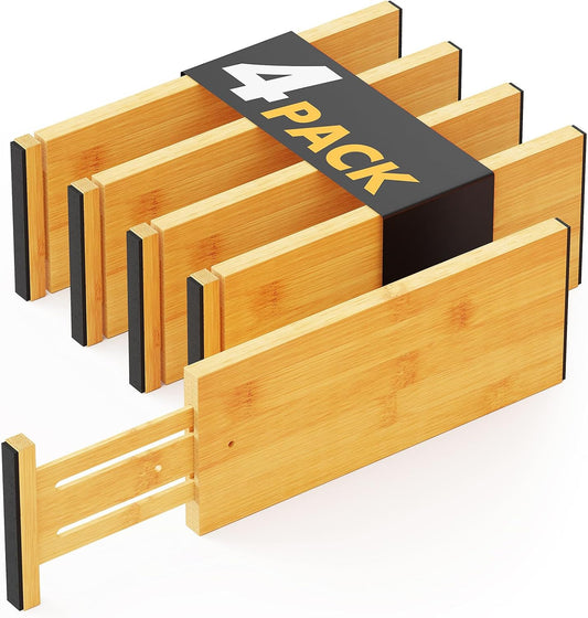 SpaceAid Bamboo 4 Pack Dresser Drawer Dividers, 4.65“ High Adjustable 12.5“-17” Drawer Organizers, Expandable Organization for Clothing, Clothes, Dressers, Natural