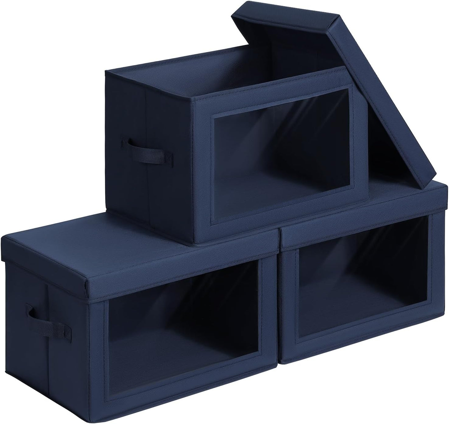 Foldable Storage Boxes with Clear Window - Clothes Organizers and Storage, Decorative Bins with Lid, Fabric Storage Cube, Storage Baskets for shelves, Yarn, Home, Navy blue, 3 Pack