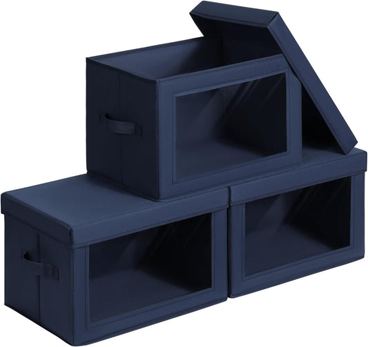 Foldable Storage Boxes with Clear Window - Clothes Organizers and Storage, Decorative Bins with Lid, Fabric Storage Cube, Storage Baskets for shelves, Yarn, Home, Navy blue, 3 Pack