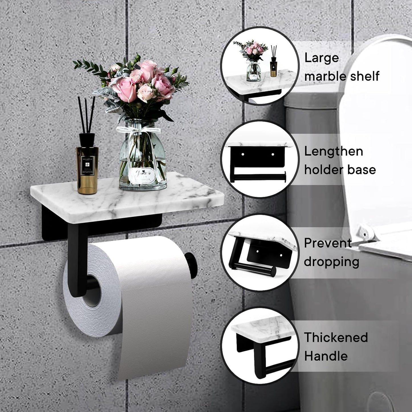 Toilet Paper Holder with Natural Marble Shelf for Bathroom Washroom,Wall Mounted Tissue Holder Suitable for Mega Roll (Small 6.7 * 4.3 in Matte Black)