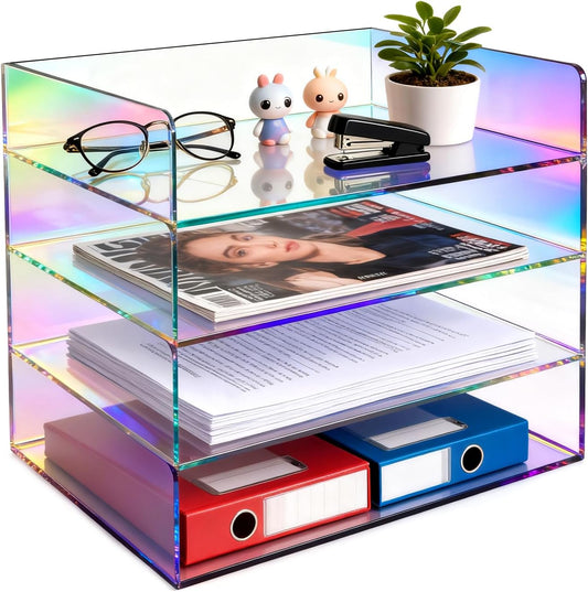 Gelite Acrylic File Organizer for Desk 4 Tiered Stackable Letter Tray Office Paper Storage Desktop Document Sorter, Iridescent