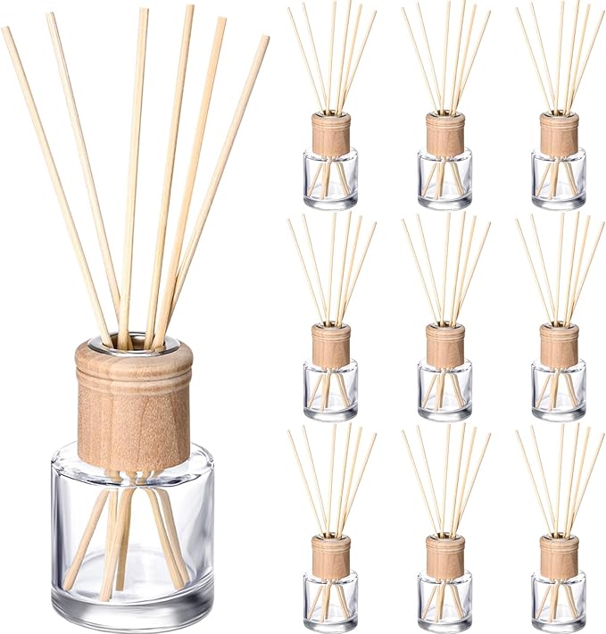 Roshtia 10 Set Reed Diffuser Bottle Empty Refillable Fragrance Glass Diffuser Bottles Set with Wooden Caps Sticks 50ml 1.7 oz Round Glass Jars for DIY Fragrance