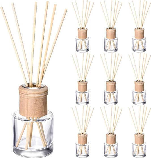 Roshtia 10 Set Reed Diffuser Bottle Empty Refillable Fragrance Glass Diffuser Bottles Set with Wooden Caps Sticks 50ml 1.7 oz Round Glass Jars for DIY Fragrance