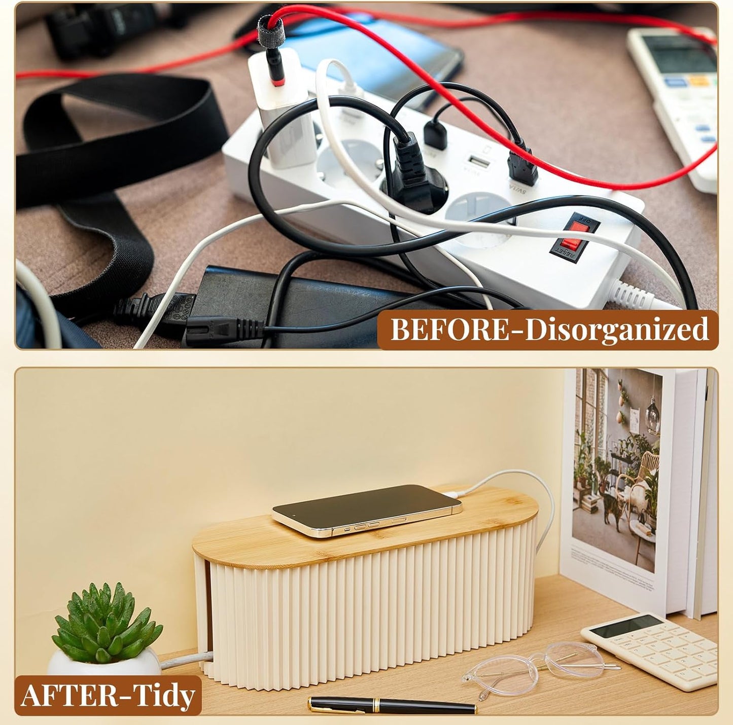 Marsui 2 Pcs Cable Management Box Cord Hider Organizer with 46 Pcs Cable Management Kit Wire Box for Power Strips Surge Protectors Desk TV Computer Wires Home Office(Frost White, Wood Color)