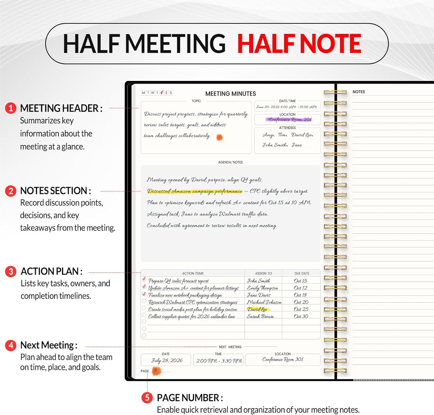 SUNEE Half Meeting Half Note 7"x10" Notebook for Work – 140 Pages, B5 Size Project Planner for Women&Men, Minutes Organizer for Meeting Notes, Ideas for Office/Business, PVC Waterproof Cover, Black