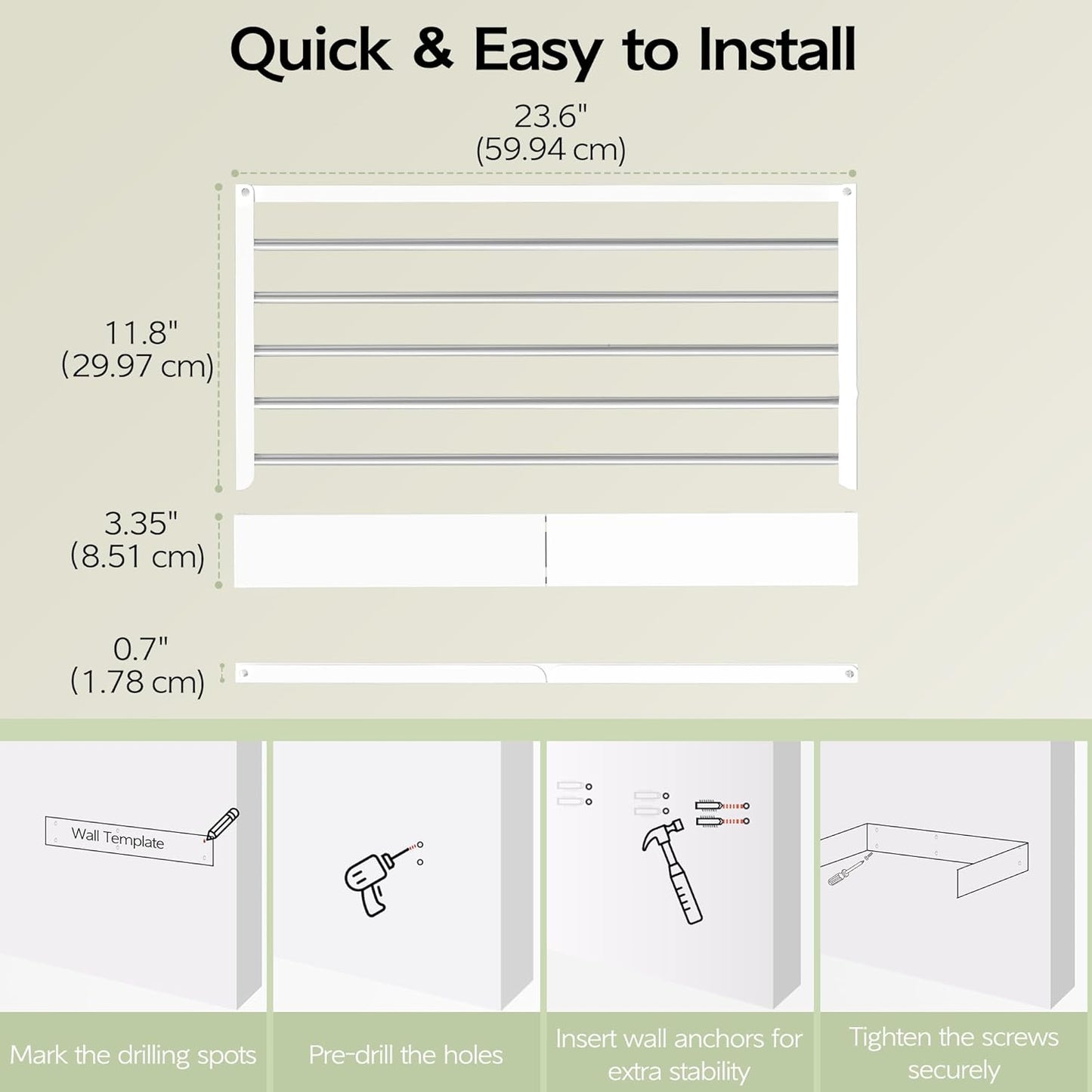Wall Mounted Clothes Drying Rack 23.6", Foldable Wall Mount Laundry Rack Folding Indoor, Drying Rack Clothing Collapsible, Hidden Space Saver with Wall Template, 5 Rods, White