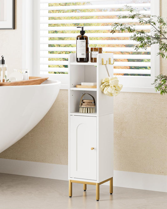Bathroom Storage Cabinet, Small Corner Floor Hutch with Door and Adjustable Shelves, Narrow Toilet Paper Cabinet with Two Hooks, Bathroom Organizer for Small Spaces