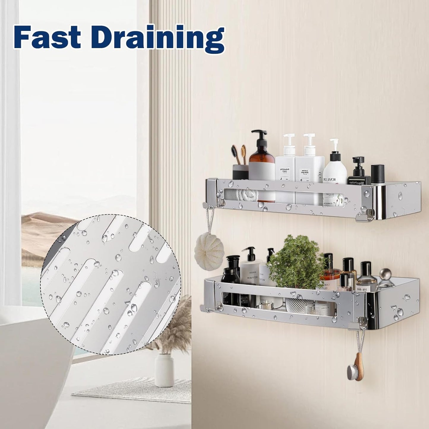 NearMoon Bathroom Shower Caddy 2 Pack, No Drill 304 Stainless Steel Shower Organizer with 2 Hooks (Shower Shelf, Chrome)