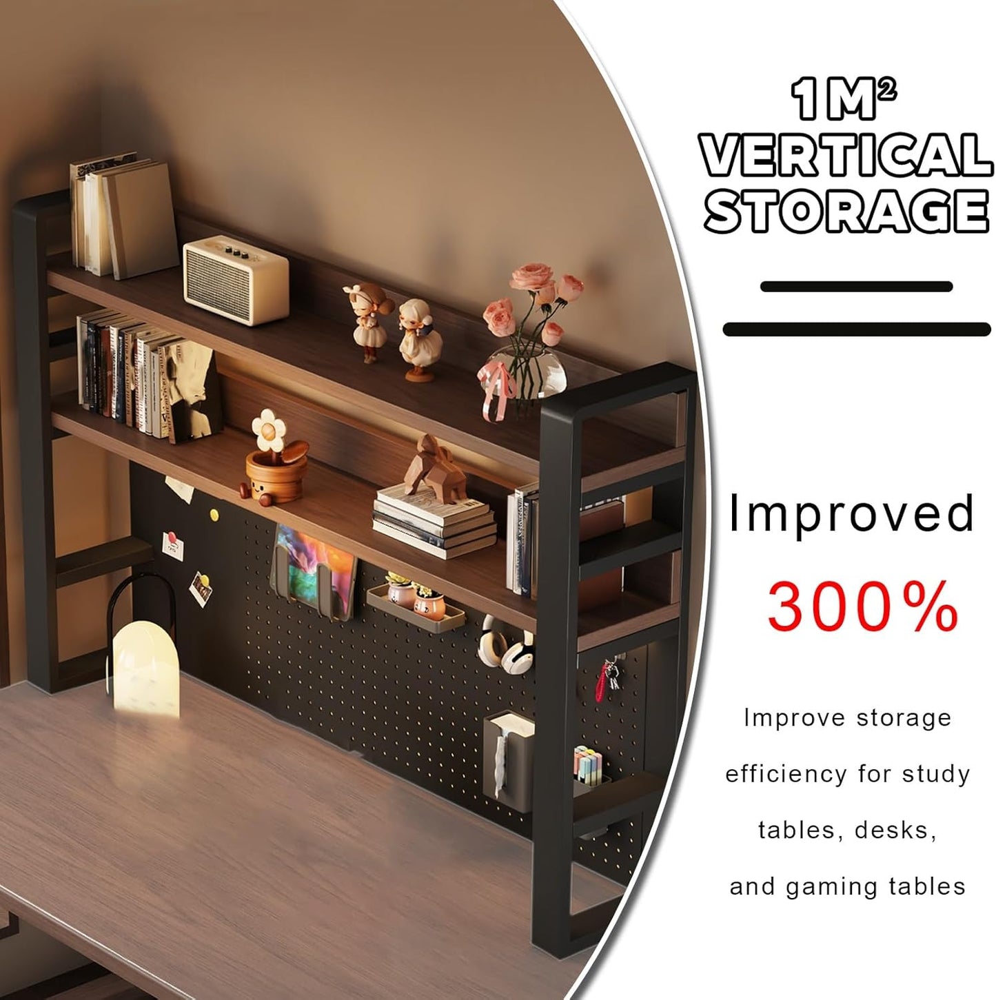 2-Tier Computer Desktop Bookshelf, Metal and Wood Desk Organizer Shelf with Pegboard, Small Freestanding Rack for Gaming, Study, and Display, for Home Office and Dorm