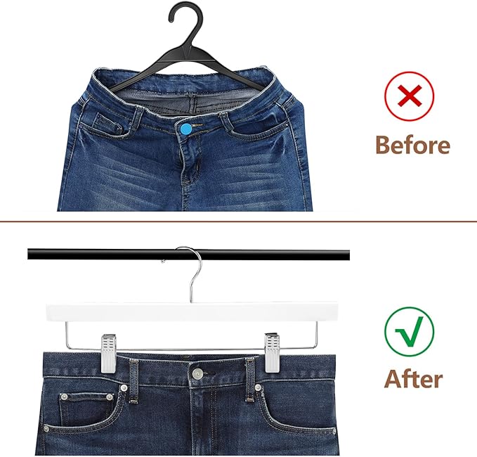 AMKUFO 20pcs Wooden Pants Hangers Solid Pants Hangers with Adjustable Clips 14 Inch White Wood Skirt Hangers Trousers Bottom Hangers with Non-Slip Clips and 360° Swivel Hook