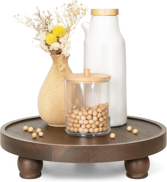 EOSAHR Farmhouse Wood Riser for Home Decor – Acacia Wood Round Pedestal Stand for Bathroom Decor & Kitchen Sink – Decorative Tray for Soap Dispenser, Candle, Plant & Cupcake (Dark Acacia)