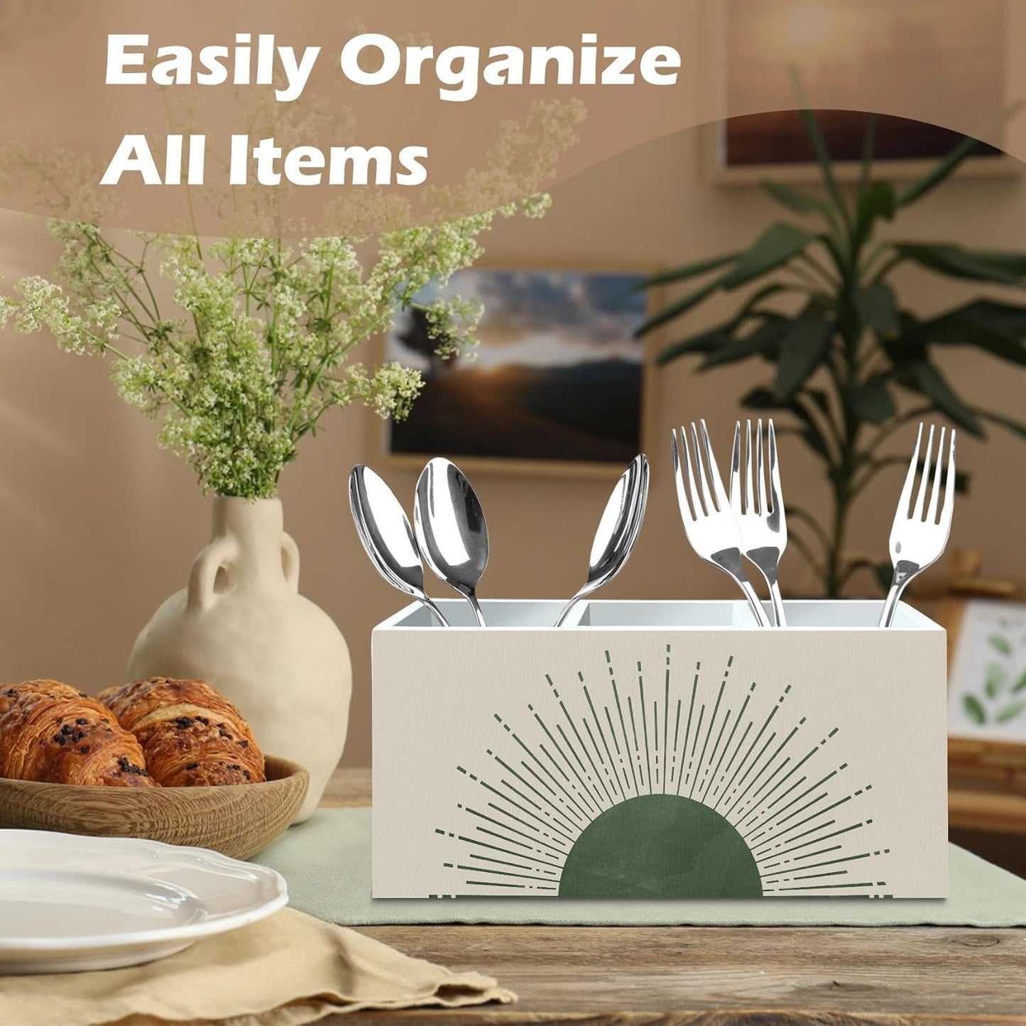 DILSJ Boho Abstract Sunshine Pen Pencil Holder Organizer for Desk, Boho Office Decor, Sage Green Mid Century Modern Minimalist Sun Sunshine Wooden Box Signs for Home Office Desk Tabletop Decoration