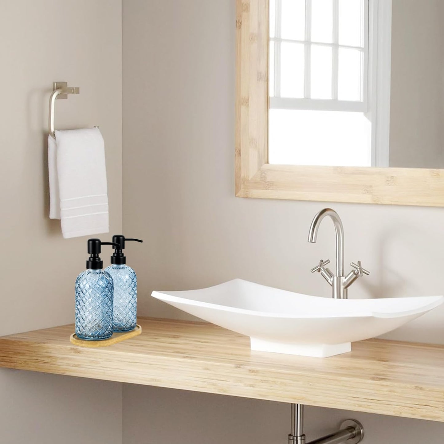 12Oz Glass Soap Dispenser with 304 Black Rustproof Stainless-Steel Pump, Refillable Glass Soap Dispenser for Kitchen, Bathroom, Farmhouse (Blue-2pack& Tray)