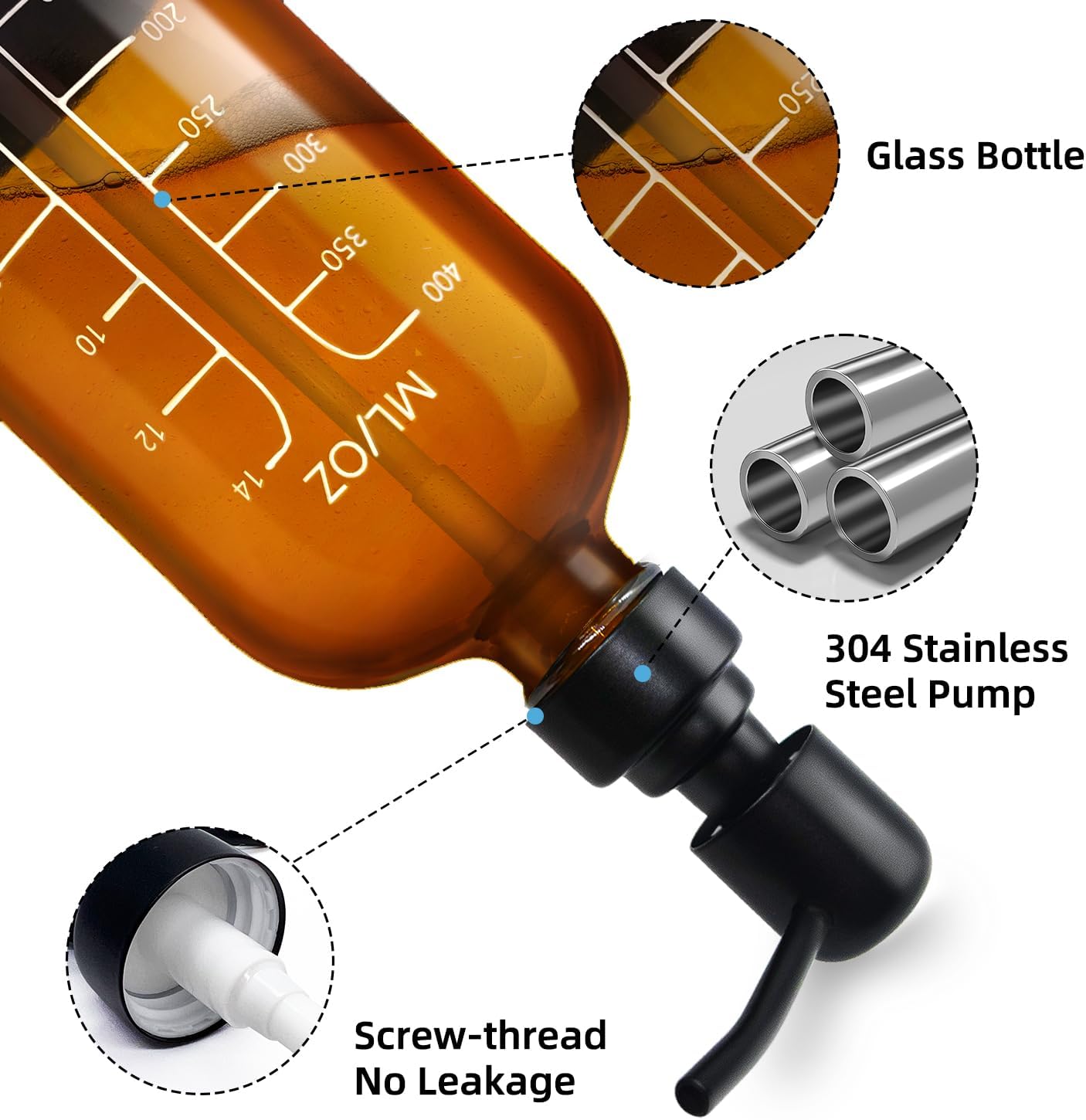 16oz Amber Glass Soap Dispenser with Stainless Steel Pump and Silicone Base for Kitchen and Bathroom, Set of 2