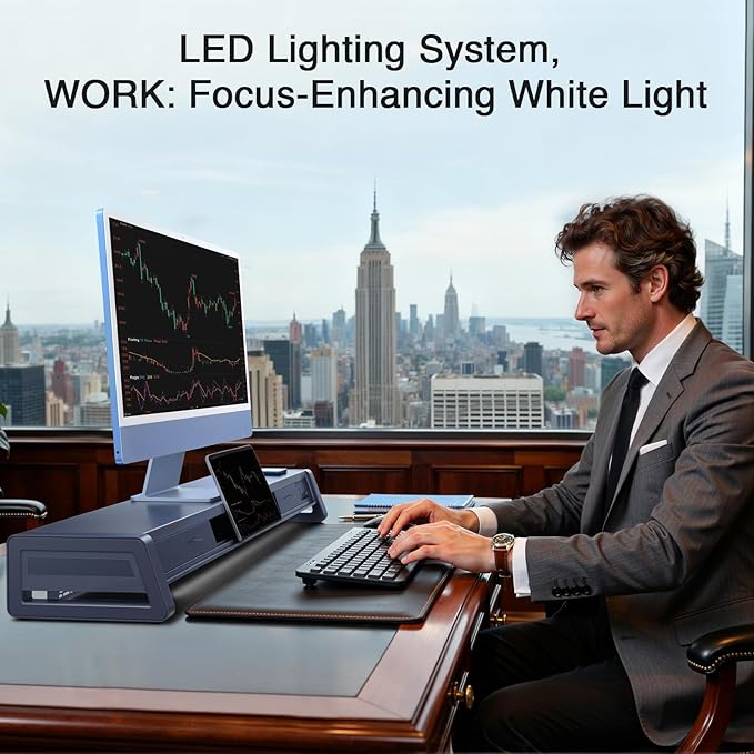 Vaydeer All-in-One Dual Monitor Stand Riser with 2 Drawers, 8USB Ports and Wireless Charging Pad with LED Light Strip for 2 Monitors , Desk Organizer for PC, iMac (Metal, 39.3 inches)