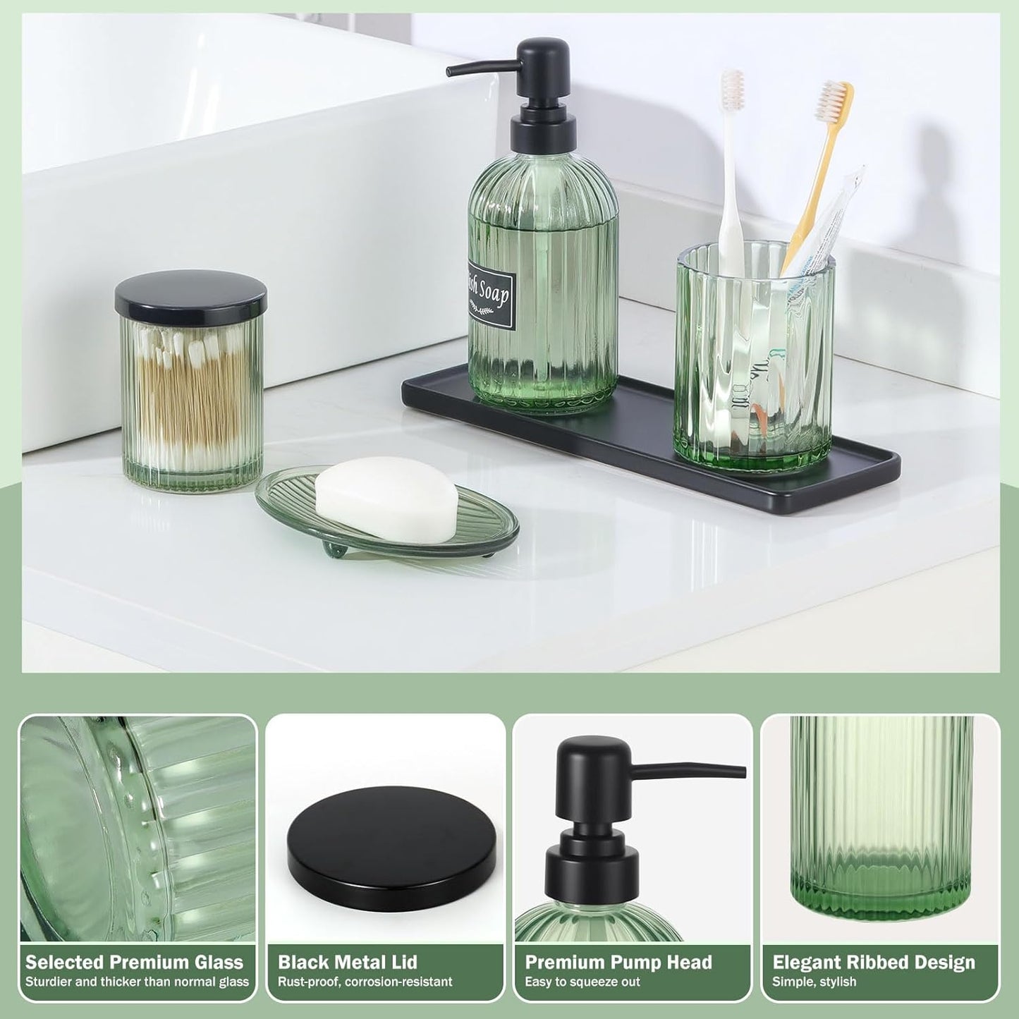 Shinowa Bathroom Accessories Set, 5 Pcs Clear Glass Bathroom Accessory Sets Complete with Soap Dispenser, Toothbrush Holder, Q-Tips Holder, Soap Dish, Ceramic Tray, Vanity Organizer, Green