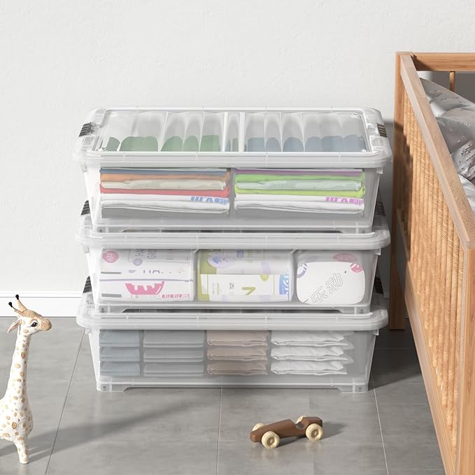 50 Quart Clear Latch Bin with Lid, Large Plastic Under Bed Storage Box, 3 Pack