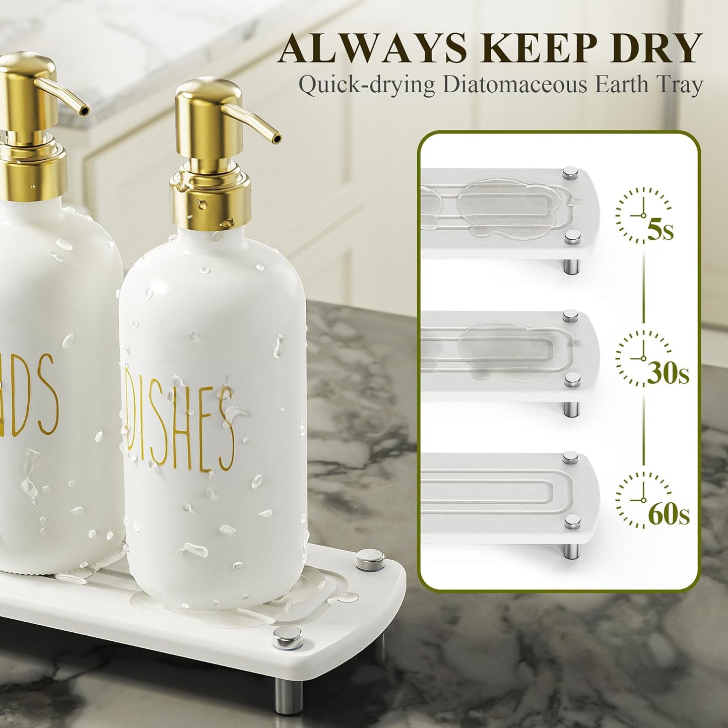 Cisily Kitchen Soap Dispenser Set Comes with Ceramics Sponge Holder, Gold Pumps, and Instant Dry Tray, Hand and Dish Soap Dispenser Set Suitable for Kitchen Decor and Accessories