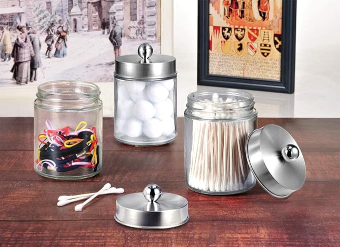 Amolliar Apothecary Jars Bathroom Vanity Organizer -Countertop Canister Jar with Storage Lid - Qtip Dispenser Holder Glass for Qtips,Cotton Swabs,Makeup Sponges ,Hair Band - Brushed Nickel (1 Pack)