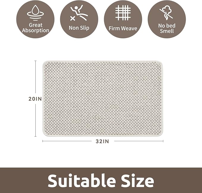 AMOAMI Chenille Bath Mat Super Absorbent Bathroom Mat Quick Dry Bath Mats for Bathroom Rubber Backed Bathroom Rugs Non Slip Washable Fit Under Door, Front of Bathtub, Sink, Beige&White 20"x32"