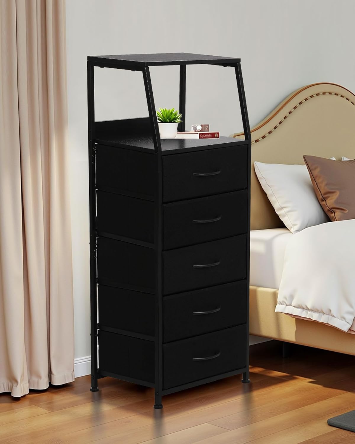 Dresser for Bedroom, Fabric Nightstand Tall Dresser & Chests of Drawers with 5 Drawers, Vertical Organizer Storage, Hallway, Entryway Black