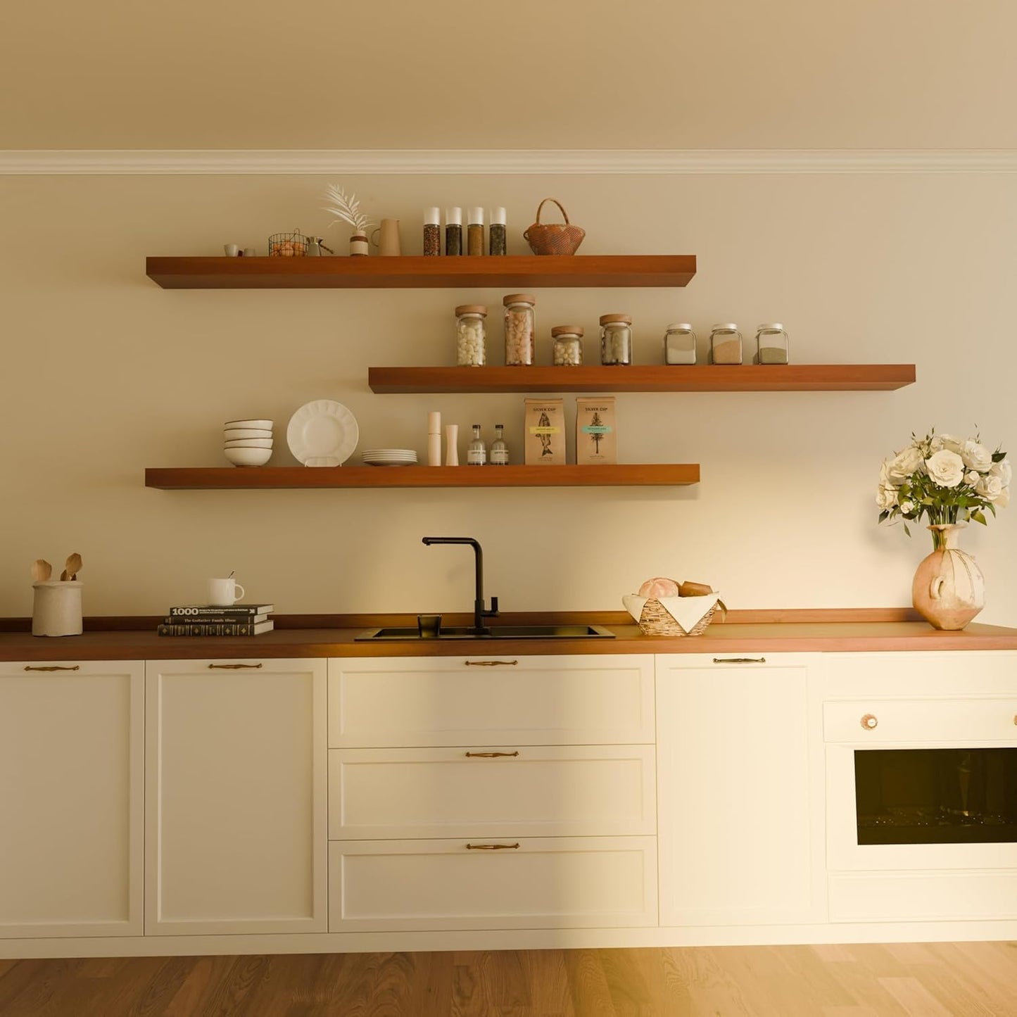 Floating Shelves for Wall, 72 Inch Extra Long Brown Wall Shelves, Set of 3, Hanging Invisible Brackets Floating Shelves for Living Room,Bedroom,and Kitchen (Brown, 3T72IN)