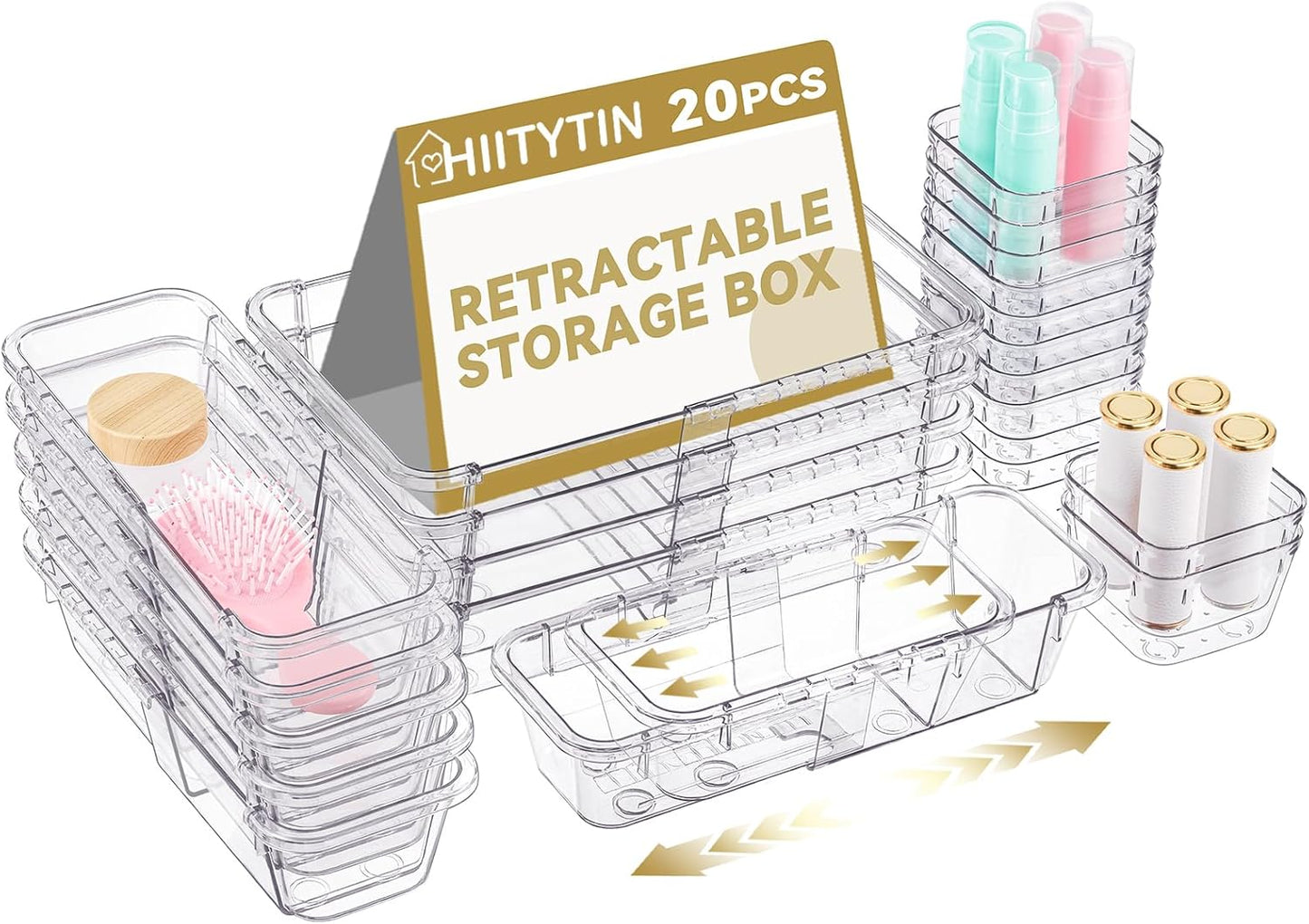 20 Pcs Adjustable Clear Drawer Organizer, Extendable Vanity Storage Bins, Desk Drawer Organizer Set for Makeup, Cosmetics, Bedroom, and Gadgets, Clear