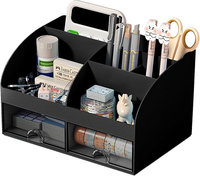 Desk Organizer with 6 Compartments and 2 Drawers, Plastic Makeup Organizer, Pen Holder for Desktop Storage, Desk Organization for School, Home, Office Supplies (Black)