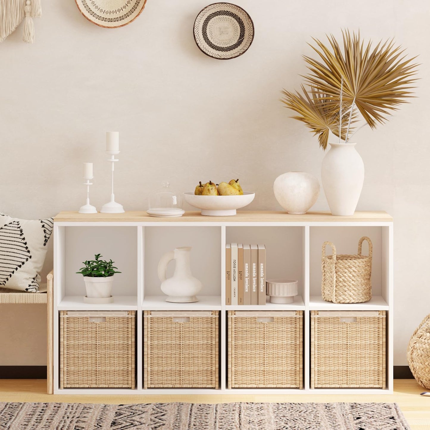 Wooden 8 Cube Storage Organizer with Closed Back Panel,White Cube Shelf Cubby Storage Organizer with Compartments for Living,Bookshelf,Storage Organizers Easy to Install (White, 8 Cube)