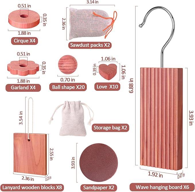 Woodever Cedar Blocks for Clothes Storage 56 Pcs, 100% Aromatic Planks with Metal Hooks, Cedar Wood Chips and Balls for Closets and Drawers, Fresh Scented Sachets
