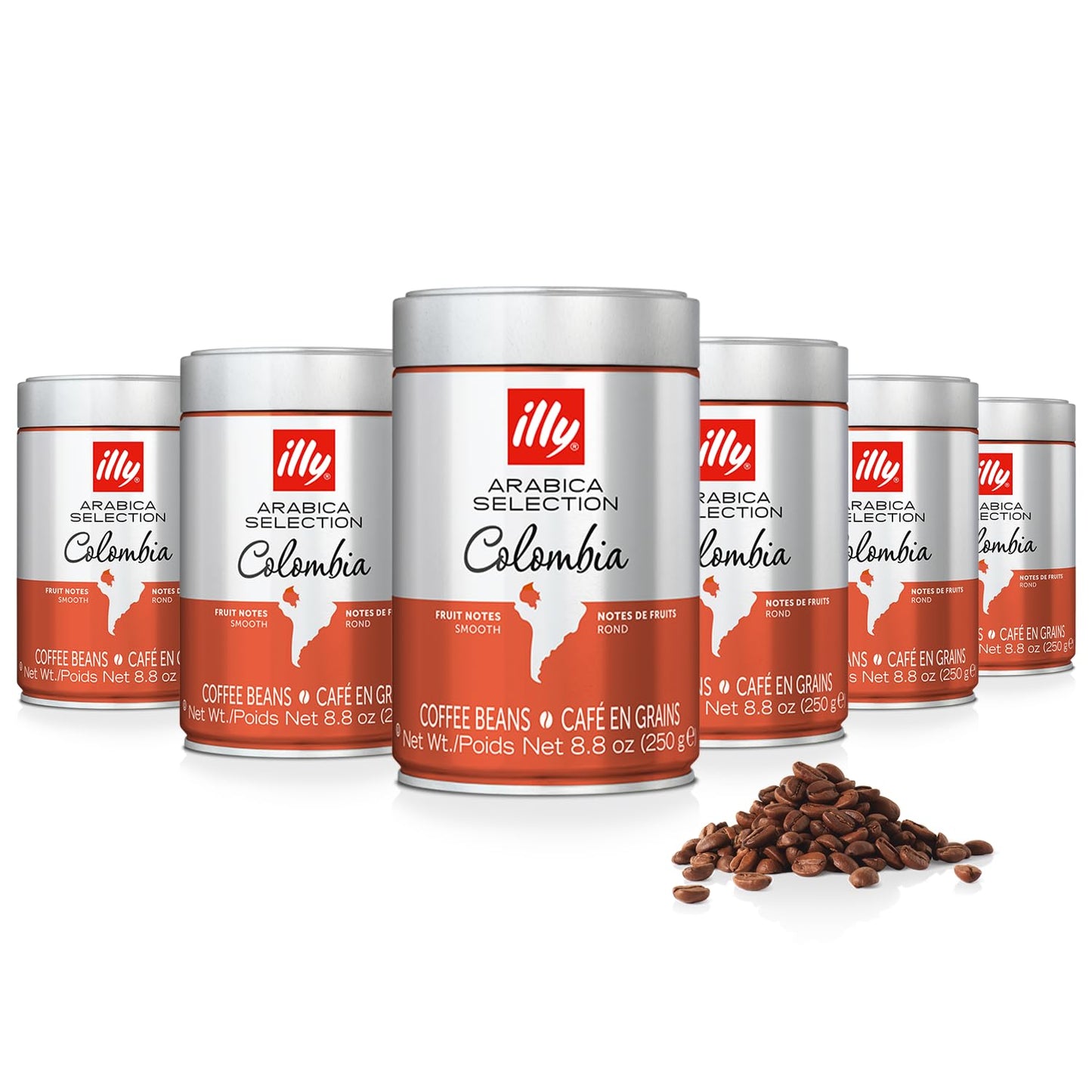 Illy Whole Bean Coffee, Colombia Medium Roast - Notes of Citrus and Red Fruits - 100% Arabica - Whole Beans - Pressurized Packaging Sealed for Freshness – 8.8oz Can (Pack of 6)