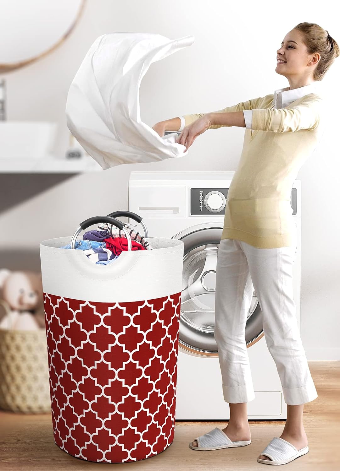 Large Laundry Basket Laundry Hamper Bag Washing Bin Clothes Bag Collapsible Tall with Handles Waterproof Travel Bathroom College Essentials Storage for College Dorm, Family, 115L (Red)