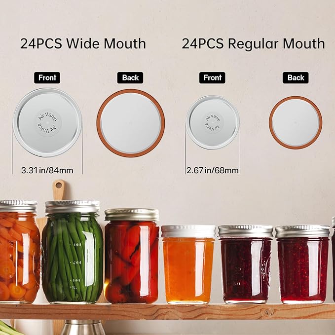 Mason Jar Lids 48 Pack: 24 Wide Mouth + 24 Regular Mouth Canning Lids, Vacuum Seal Food-Grade Canning Supplies Compatible with Electric Vacuum Sealers