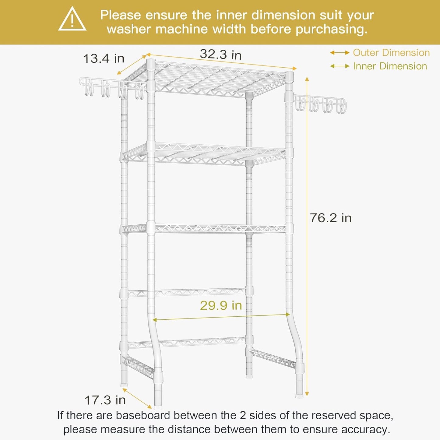 Ulif U8 Medium Laundry Room Storage Organizer, Over the Washer and Dryer Storage Shelves for Laundry Organization, 32.3”W x 17.3”D x 76.2”H, Suit Washing Machine Width within 29.9”, Hold 304 lb, White