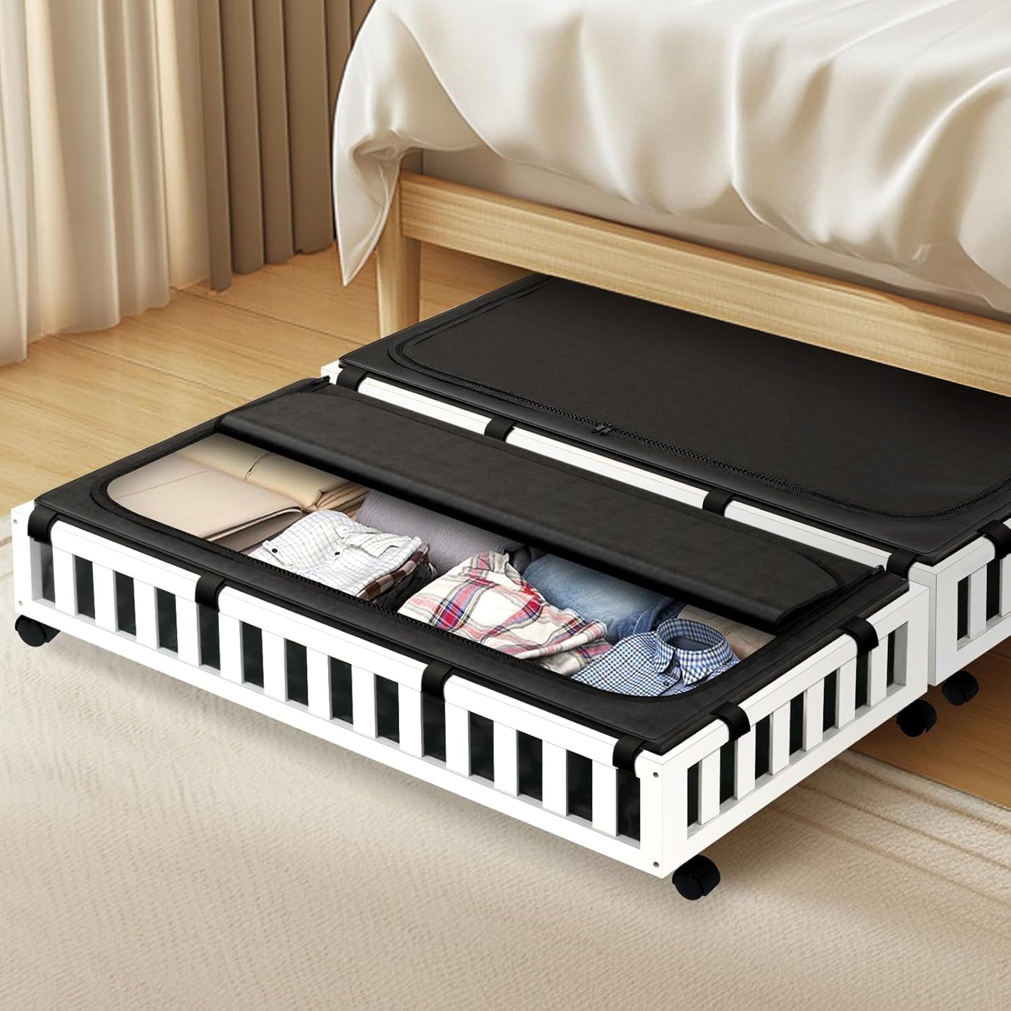 2 Pack Bamboo Under Bed Storage with Wheels, 39”x20”x7.8” Lager Under Bed Storage Containers (White)