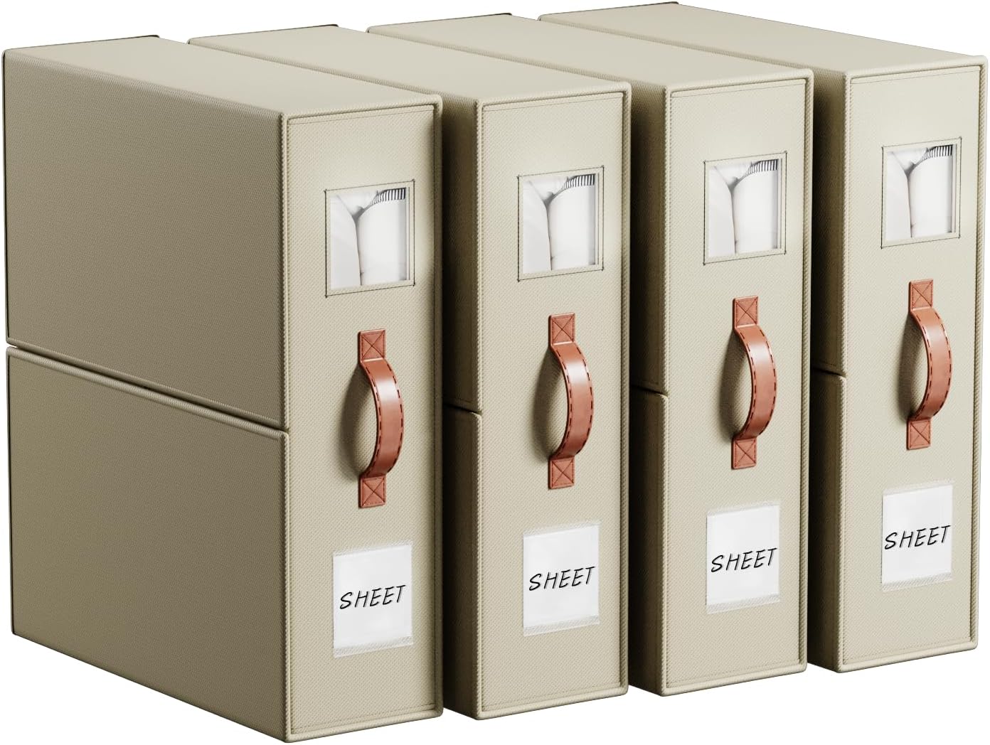 4 Pack Bed Sheet Storage Organizers- Premium Fabric Closet Organizer with Clear View Window, Space-Saving Foldable Design for Queen/King Size Bedsheets, Blankets & Duvet Covers