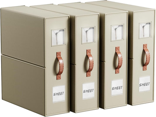 4 Pack Bed Sheet Storage Organizers- Premium Fabric Closet Organizer with Clear View Window, Space-Saving Foldable Design for Queen/King Size Bedsheets, Blankets & Duvet Covers
