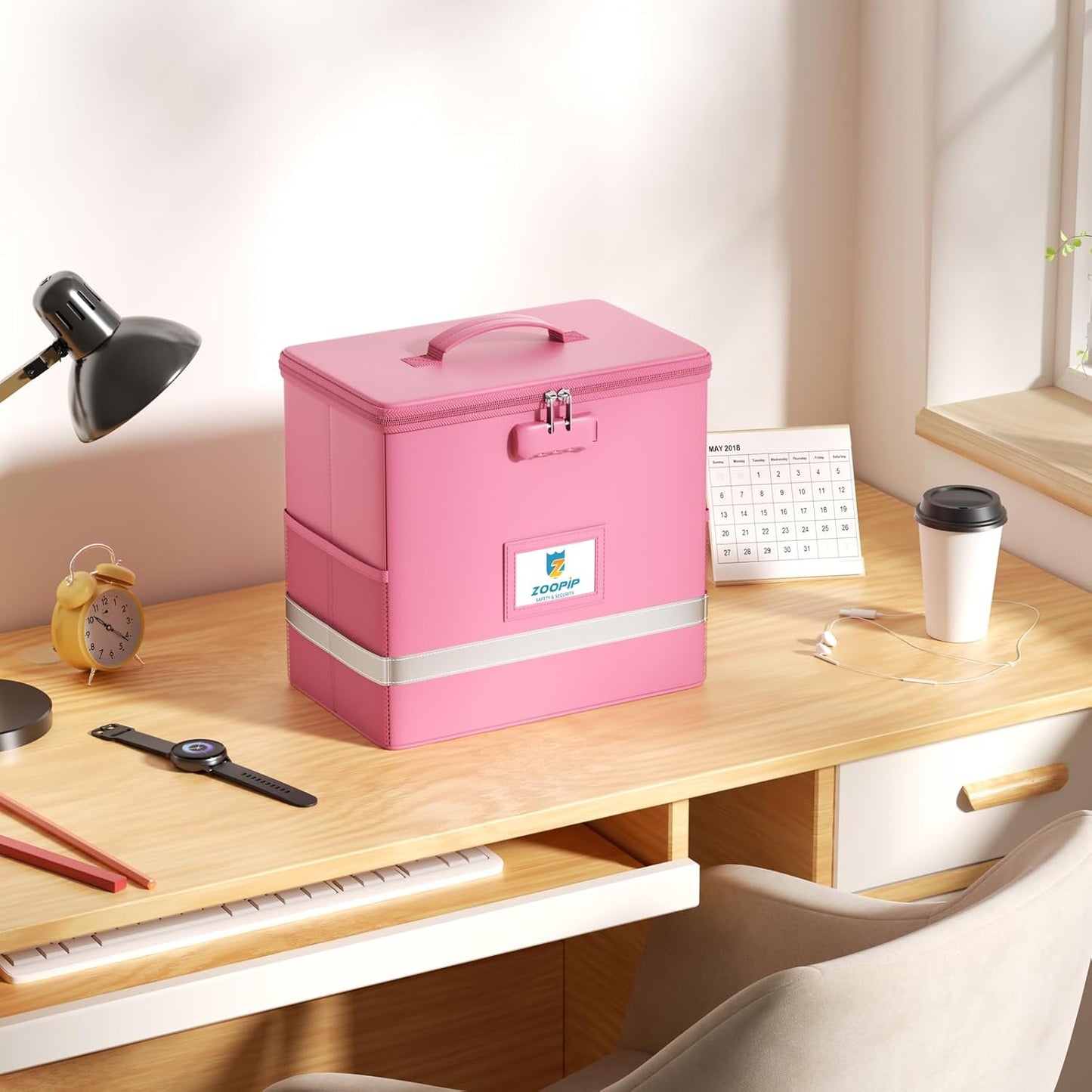 Fireproof File Box with Lock, Document Box Storage Organizer, Suitable for Hanging File Folders in Letter Size, Collapsible File Box, Reflective Strip for Fast Find (12.2"*6"*10.2, Pink)