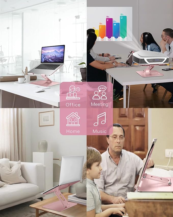 Adjustable MacBook Pink Laptop Stand for Desk | Ergonomic Aluminum Laptop Riser with Heat-Vent, Compatible for 10-17" Laptops, Rose Gold