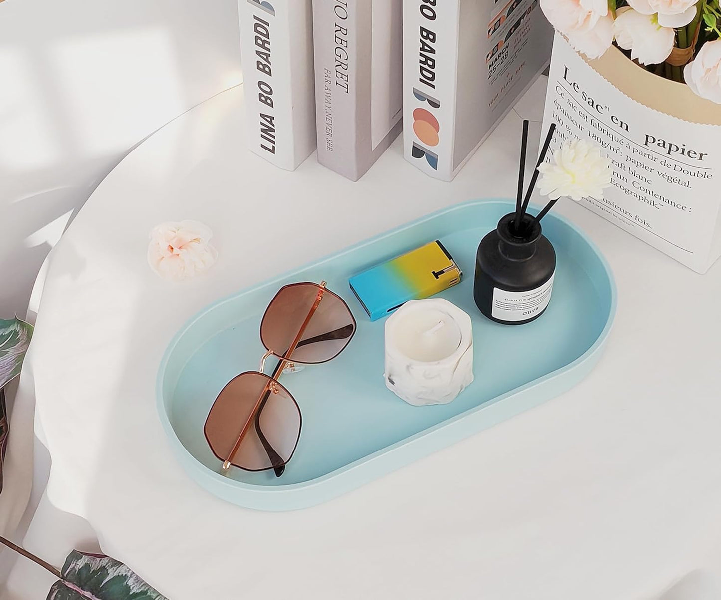 Blue Small Tray (11.8 inch), Oval Tray for Kitchen Counter, Bathtub Bathroom Vanity Items, Countertop Organizer, Coffee Accessory, Bar, Serving Seasoning, Salt and Pepper, Soap, Perfume.