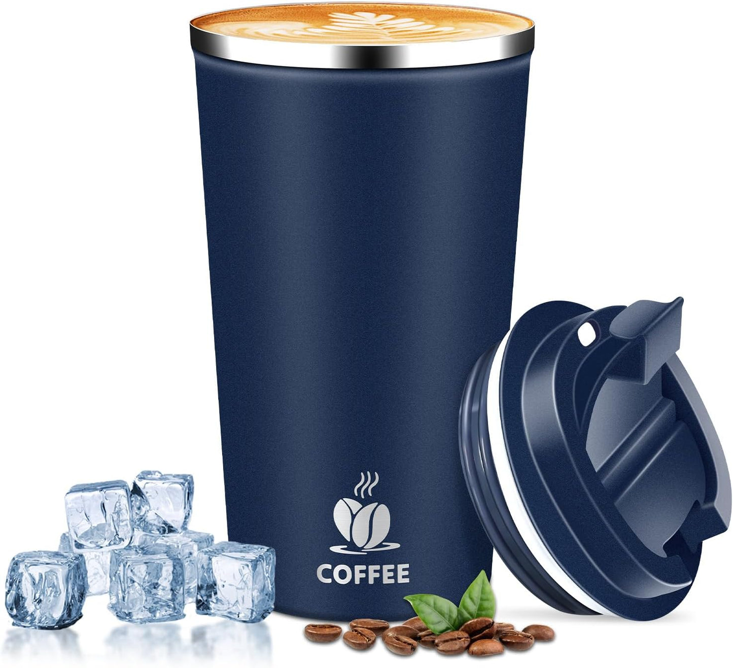 Insulated Travel Coffee Mug Reusable Coffee Tumbler Cup with Flip Lid Leak Proof Spill Proof for Office School Party Camping Hot and Cold Drink,Stainless Steel 17oz (Navy Blue)