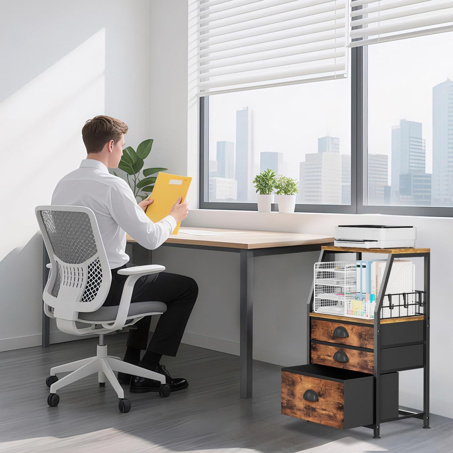 LASZOLA 3 Fabric Drawers Organizer Tower with 6 Hooks and 2 Shelves, Small End Side Table for Printer with Chest of Files Drawers, Ideal for Bedroom Living Room Office Dorm Under Desk, Rustic Bronze